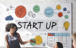 a group of people standing in front of a whiteboard with the words start up.